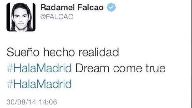 Calciomercato, Falcao su Twitter: «Real, che sogno!». Poi lo cancella