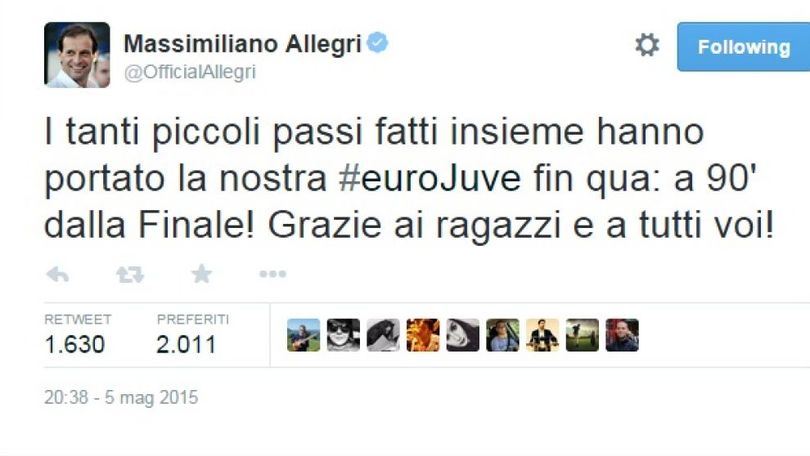Champions, Allegri esalta l'EuroJuve: «A 90 minuti dalla finale»