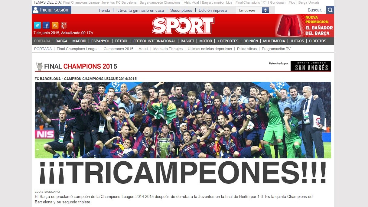 "Tricampeones", il triplete del Barcellona sui giornali spagnoli