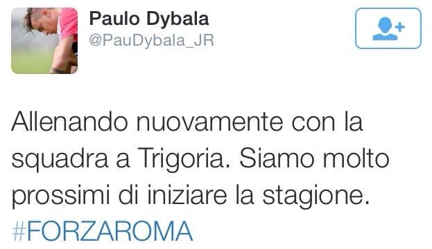Errore su Twitter, Dybala si sente Iturbe: «Forza Roma!»