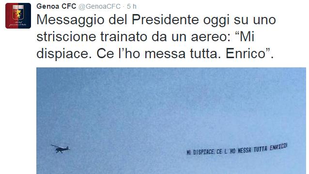 Genoa, striscione di Preziosi: «Mi dispiace, ce l'ho messa tutta»