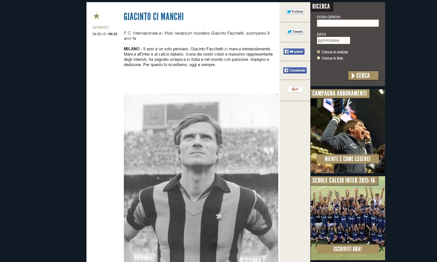 L'Inter ricorda Facchetti: «Manca a noi e al calcio italiano»