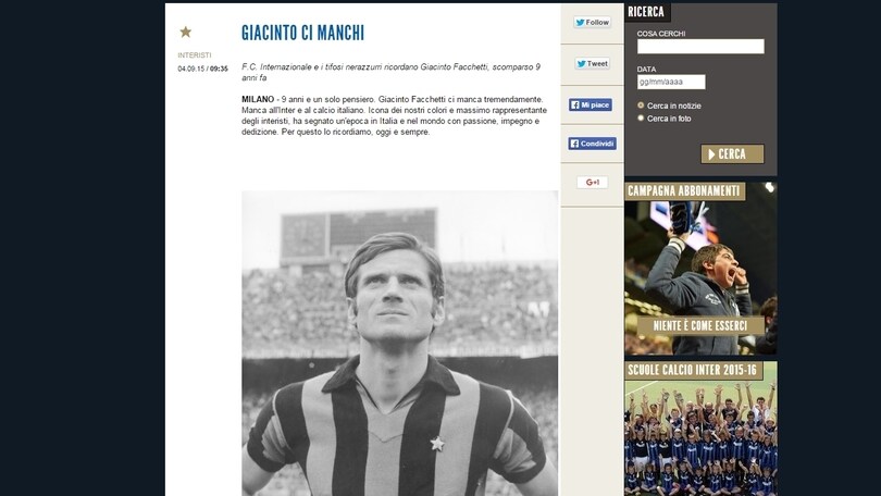 L'Inter ricorda Facchetti: «Manca a noi e al calcio italiano»