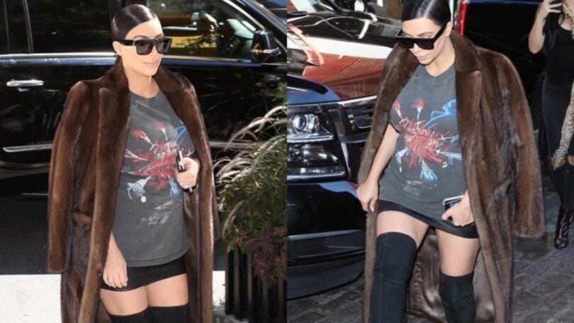 Kim Kardashian a New York in pelliccia e mini gonna