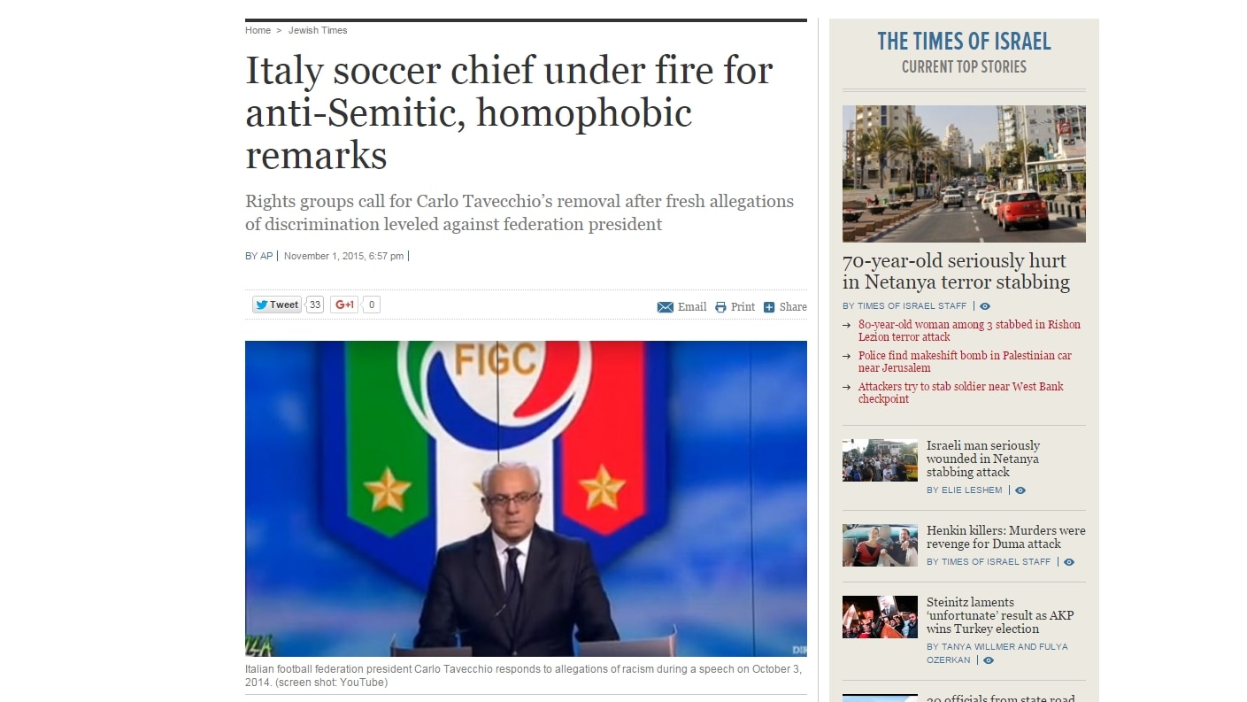 Israele, Tavecchio sul "Times", ma la foto è di Crozza