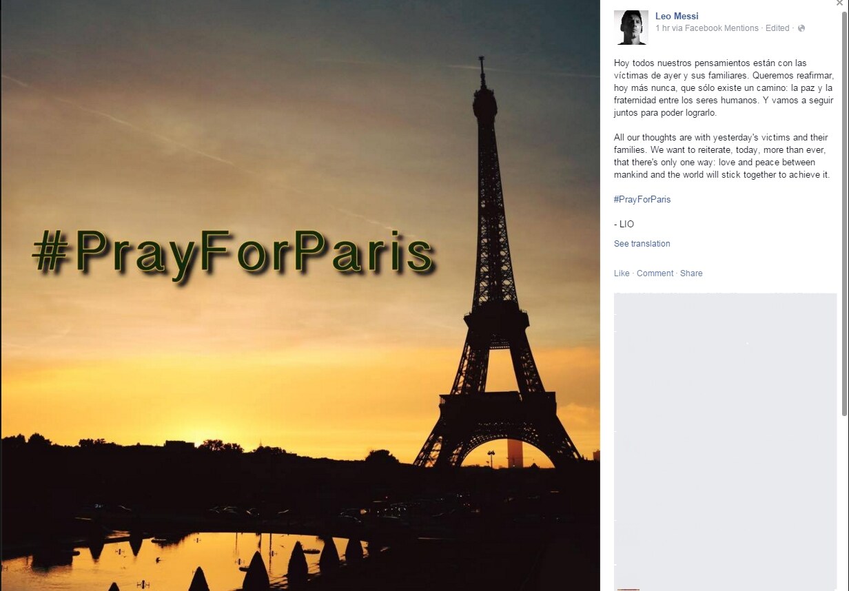 Attentati Parigi, Messi: «La pace è l'unica strada»