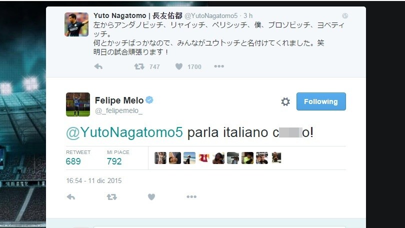 Inter, Nagatomo twitta in giapponese. Felipe Melo: «Parla italiano c...o»