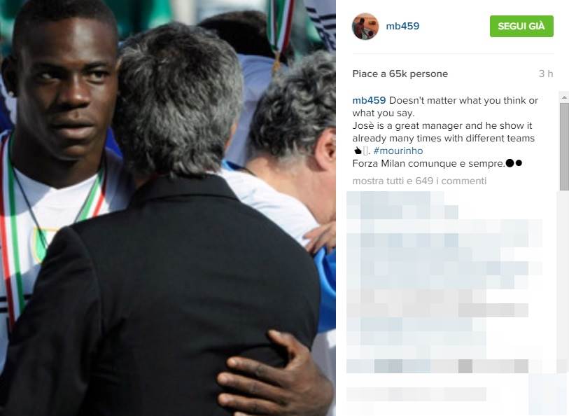 Serie A Milan, Balotelli esalta Mourinho: «È un grande allenatore»