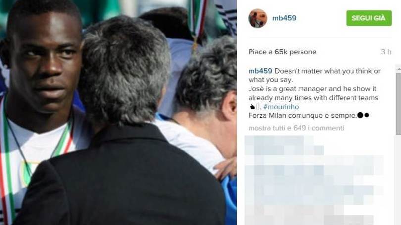 Serie A Milan, Balotelli esalta Mourinho: «È un grande allenatore»