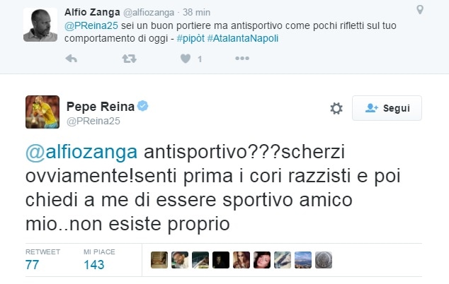 Serie A Napoli, Reina al tifoso dell'Atalanta: «Io antisportivo? Senti i cori razzisti»