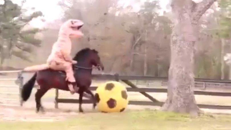 Asprilla insegna al cavallo come si gioca a calcio. Vestito così