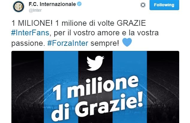 Inter, un milione di seguaci su Twitter. Roma e Napoli ci siamo quasi