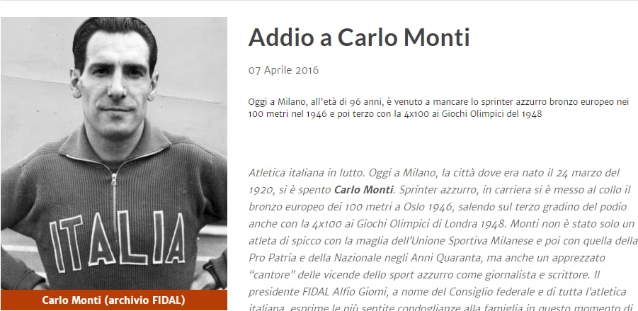 Atletica in lutto, è morto Carlo Monti