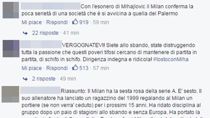Milan, da Mihajlovic a Brocchi: i tifosi si infuriano