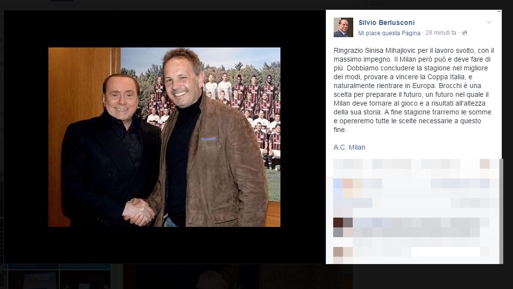 Berlusconi: «Grazie Mihajlovic ma il Milan deve fare di più»
