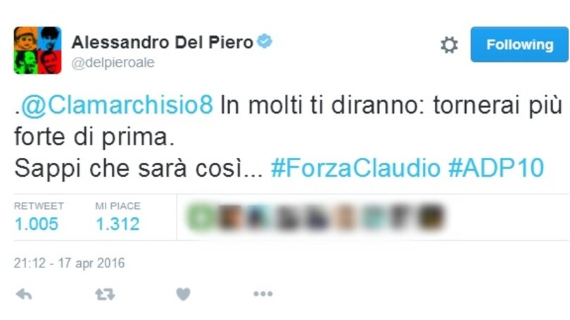Juventus, da Renzi a Del Piero: tutto il sostegno per Marchisio sui social!