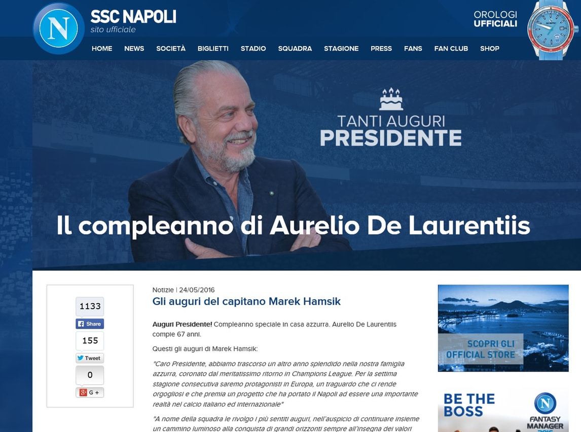 Serie A Napoli, De Laurentiis compie 67 anni. Hamsik: «Tanti auguri Presidente»