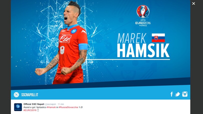 Hamsik, è un destro social. Reina: «Marooo che gol il nostro capitano»
