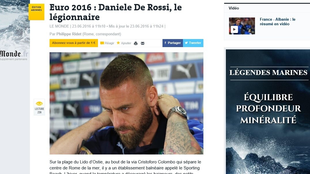 Euro 2016, «De Rossi legionario», Le Monde celebra il giallorosso