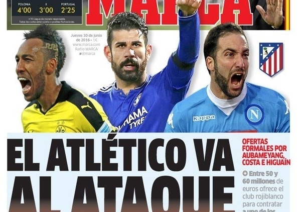 Calciomercato, in Spagna: «Atletico Madrid scatenato: offerte per Higuain, Aubameyang e Diego Costa»