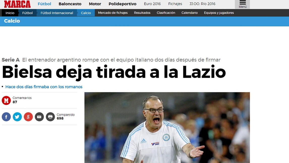 Lazio, il no di Bielsa fa il giro d'Europa: la reazione dei siti esteri