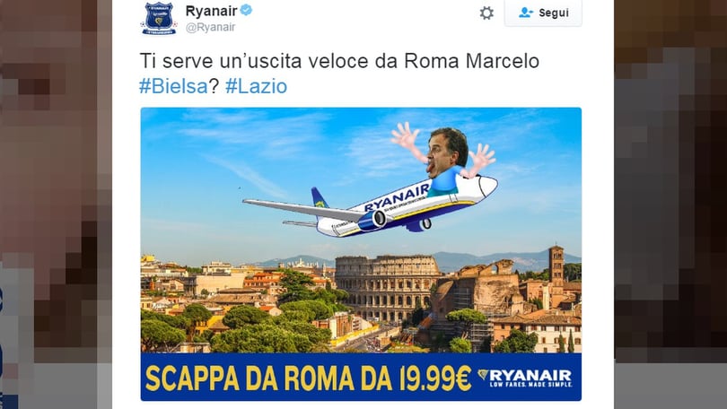 Lazio, ironia Ryanair: «Bielsa, ti serve un'uscita veloce da Roma?»