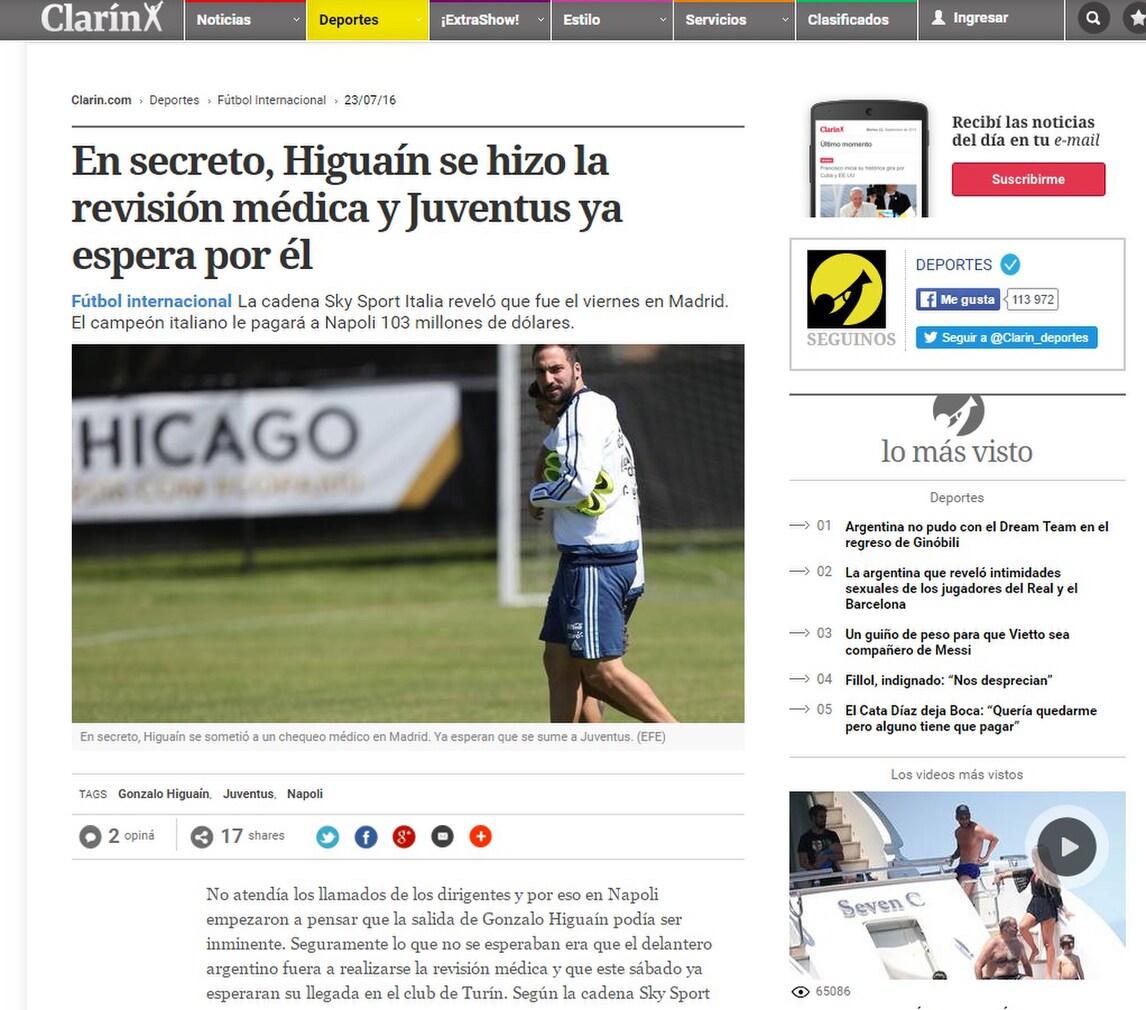 Higuain alla Juve: la notizia spopola sui siti esteri