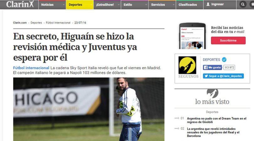 Higuain alla Juve: la notizia spopola sui siti esteri