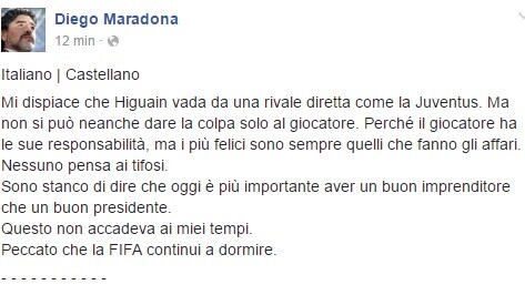 Maradona: «Higuain alla Juve? Nessuno pensa ai tifosi»