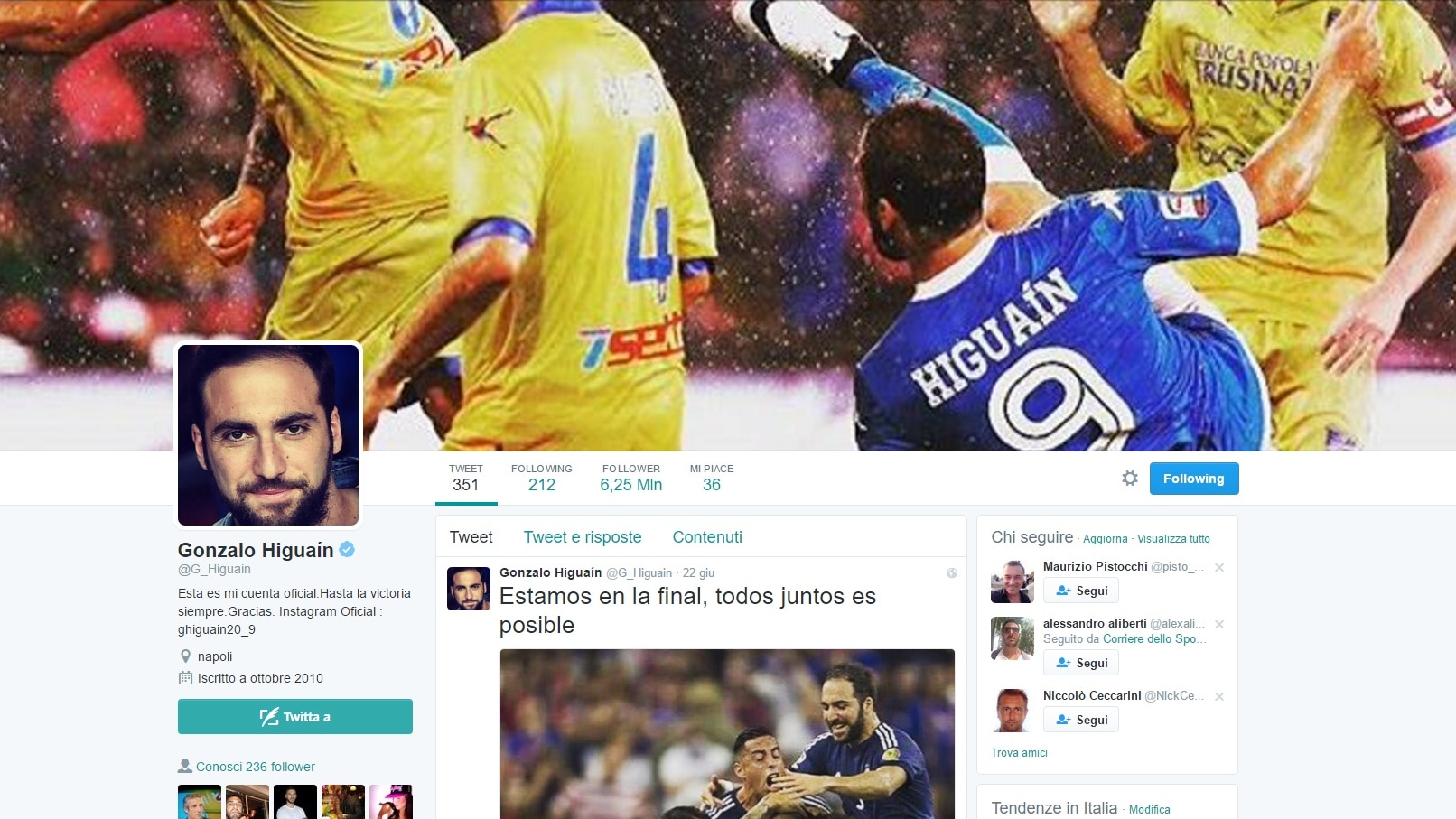 Higuain alla Juventus ma su Twitter ha ancora la maglia del Napoli