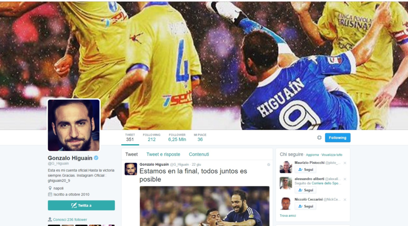 Higuain alla Juventus ma su Twitter ha ancora la maglia del Napoli