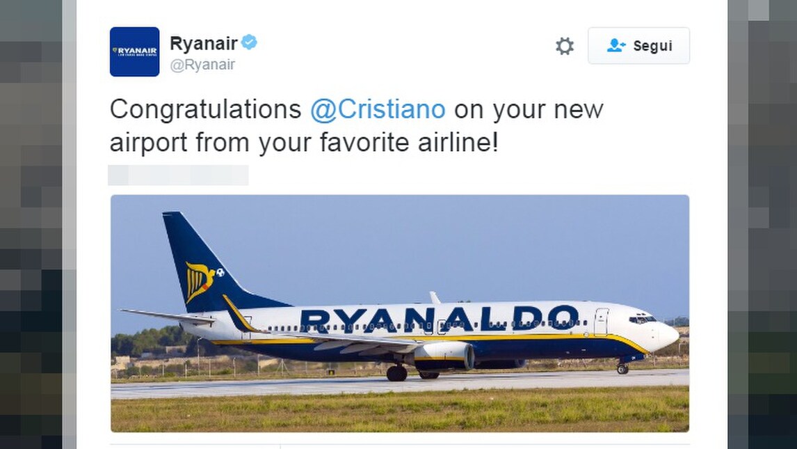 Per Cristiano Ronaldo la compagnia aerea diventa "Ryanaldo"