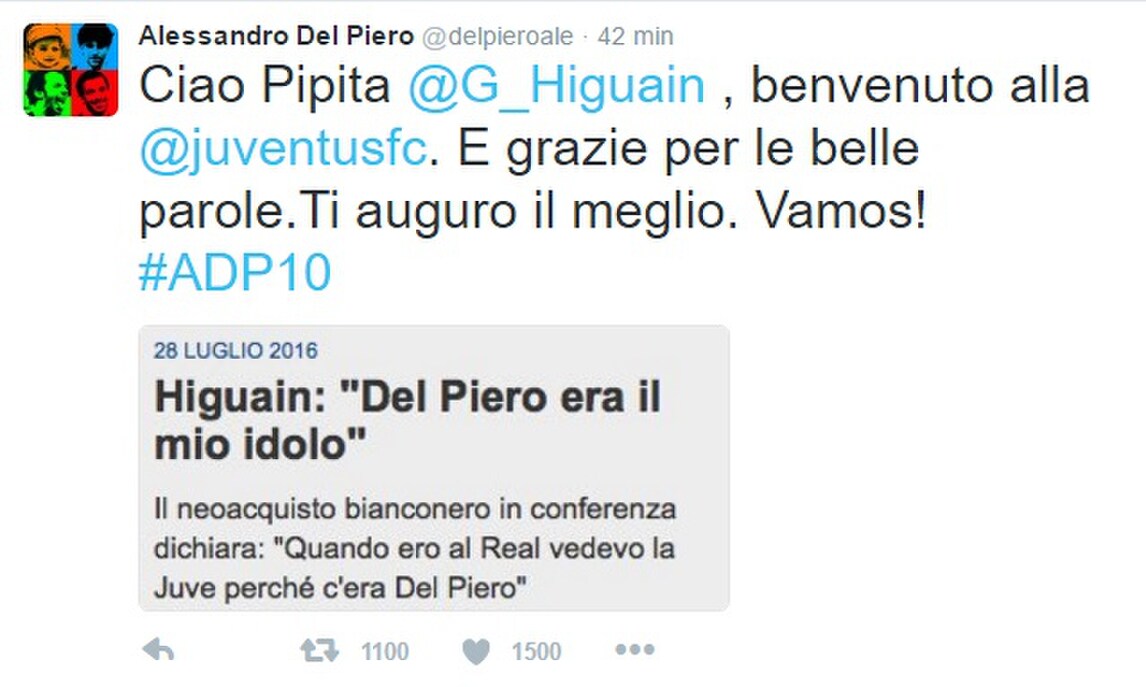 Juventus, Del Piero ad Higuain: «Grazie per le belle parole, ti auguro il meglio»