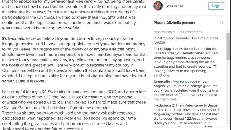 Rio 2016, Lochte si scusa: «Sono responsabile ma ho imparato la lezione»