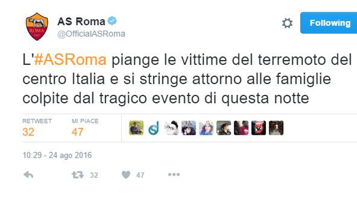 Terremoto, i tweet di solidarietà di squadre e sportivi