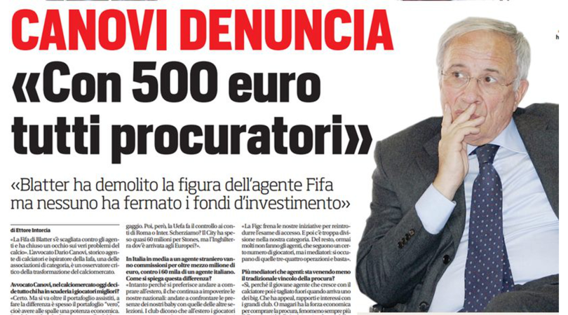 Calciomercato, Canovi denuncia: «Con 500 euro tutti procuratori»