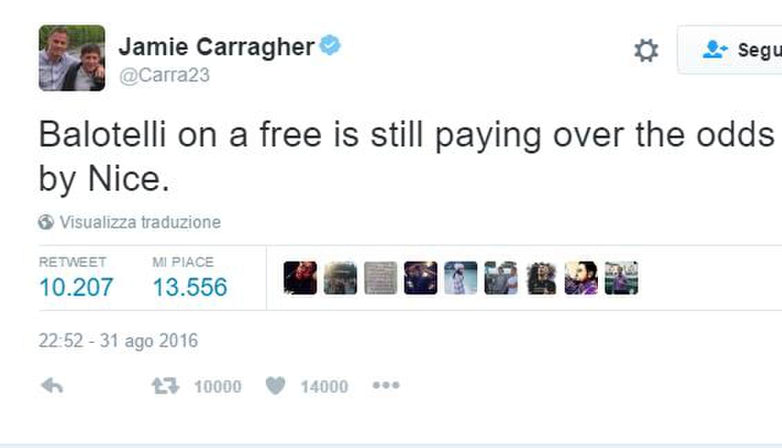 Carragher attacca Balotelli: «Via gratis? Anche troppo costoso»