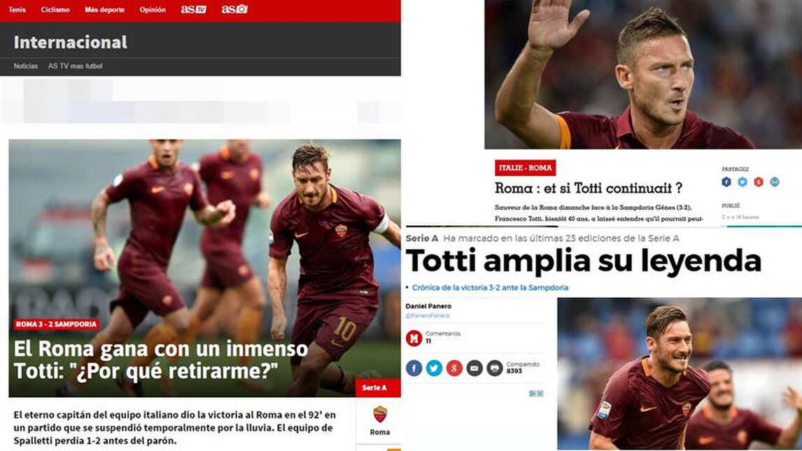 Serie A Roma, anche all'estero si chiedono: «E se Totti continuasse?»