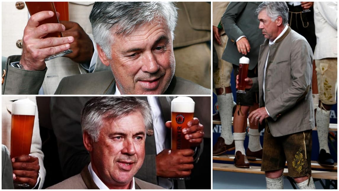 Bayern Monaco, Ancelotti show tra birra e vestiti bavaresi
