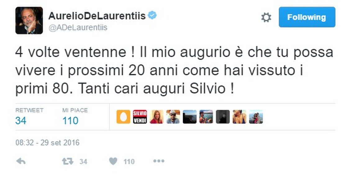 Serie A Milan, Berlusconi 80 anni. De Laurentiis: «I prossimi 20 come i primi 80»