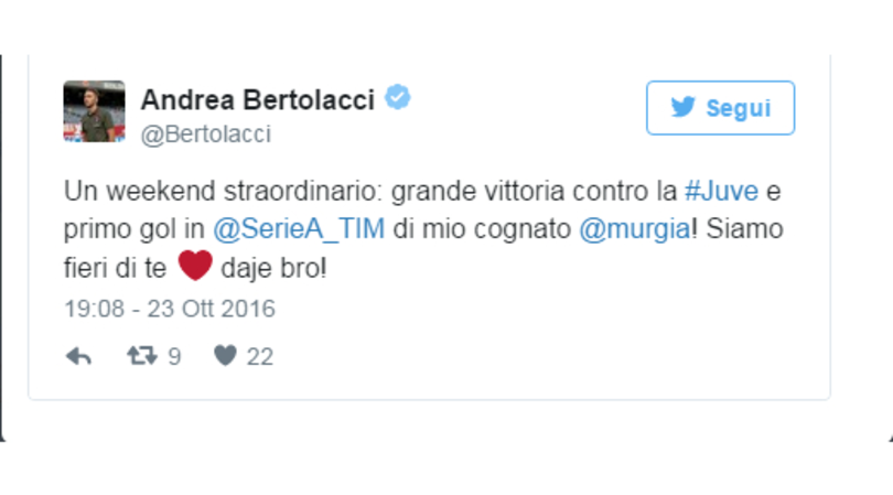 Serie A, Bertolacci: «Vittoria contro la Juventus e primo gol di mio cognato Murgia»
