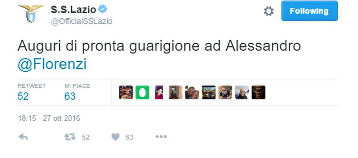 Serie A Lazio, messaggio per Florenzi: «Auguri di pronta guarigione»