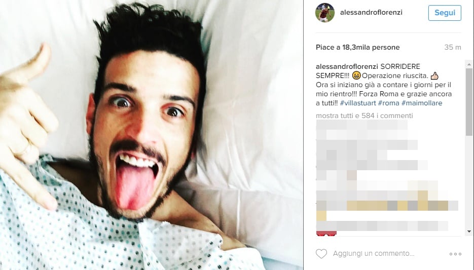 Roma, Florenzi pubblica la sua foto post operatoria: «Sorridere sempre»
