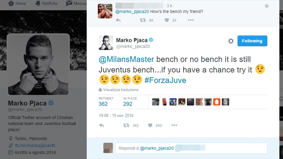 Pjaca risponde al milanista: «La panchina della Juventus? Se ti capita, provala»