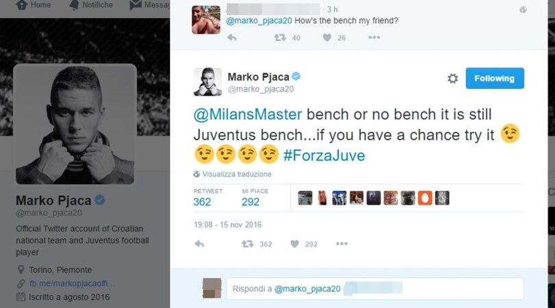 Pjaca risponde al milanista: «La panchina della Juventus? Se ti capita, provala»