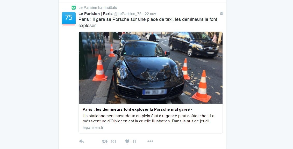 Parigi, la Porsche in doppia fila viene fatta brillare dalla polizia