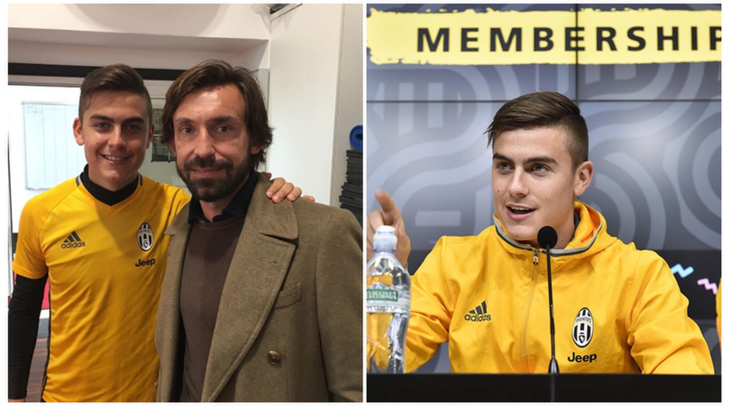 Dybala e la foto con l'idolo Pirlo prima della conferenza con i bambini