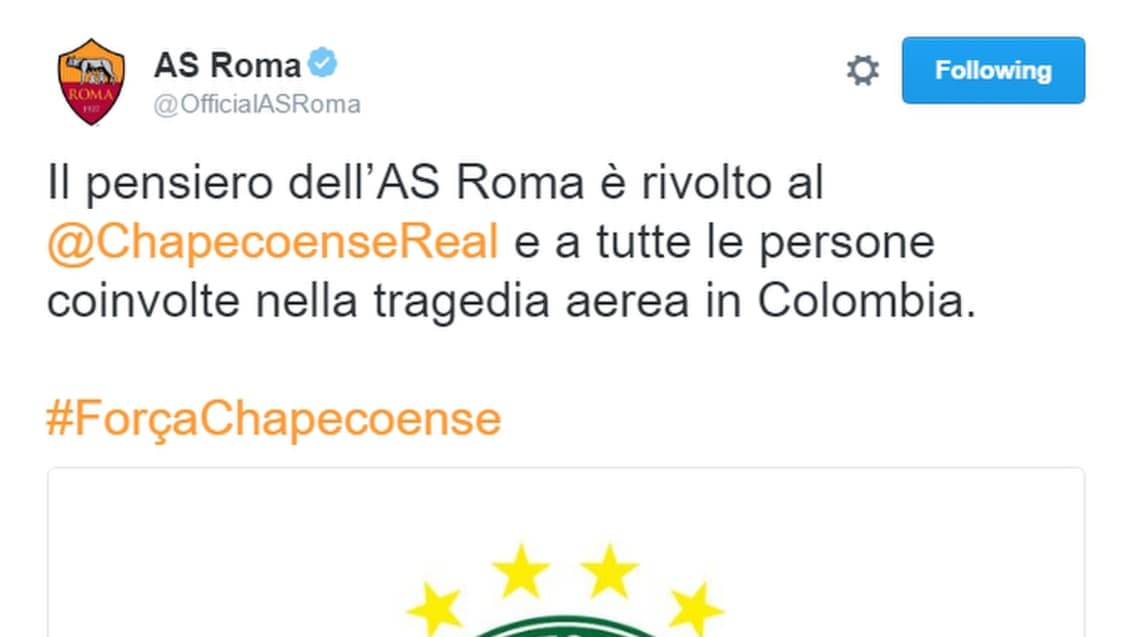Il calcio si stringe attorno alla Chapecoense