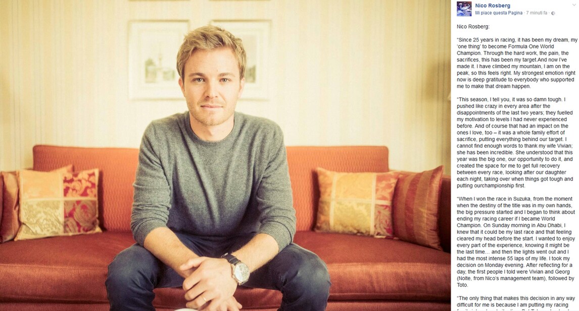 Formula 1, l'annuncio di Rosberg: «Mi ritiro»