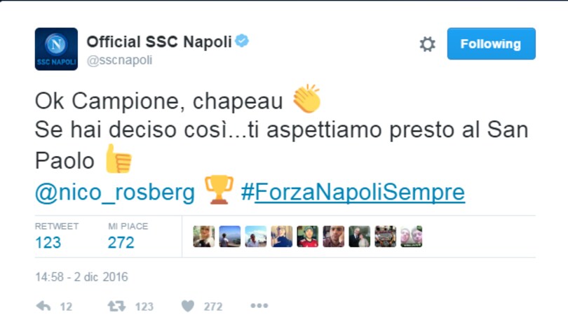 Il Napoli a Rosberg: «Ti aspettiamo al San Paolo, campione!»